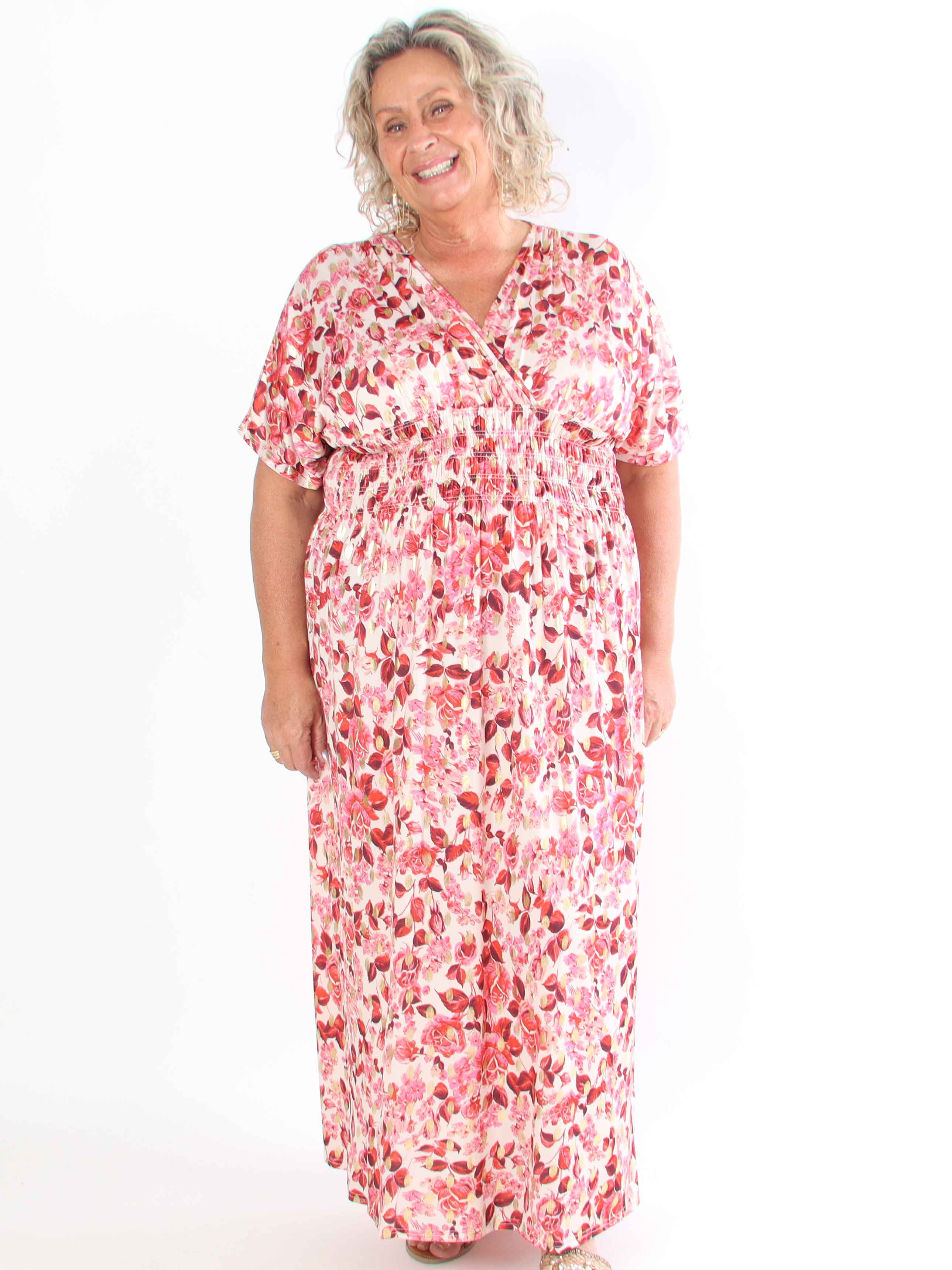 Pams Small Rose - Plus size kjole med blomsterprint og guld detaljer